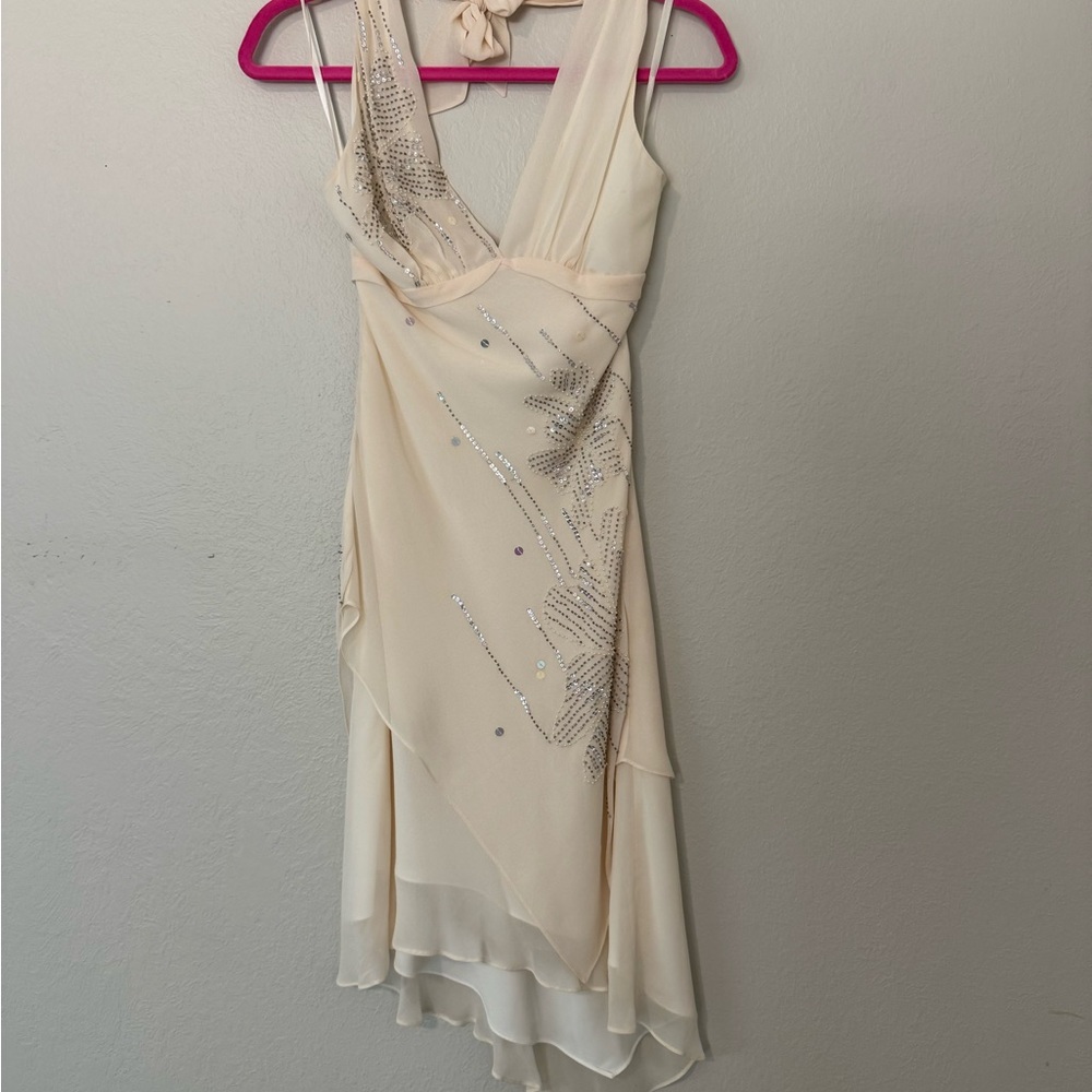 BCBGMAXAZRIA Ivory Beaded Silk Chiffon Cocktail Dress XS